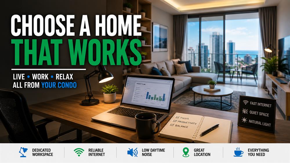 Modern Pattaya condominium with a dedicated home workspace, reliable internet and comfortable living environment for remote workers.